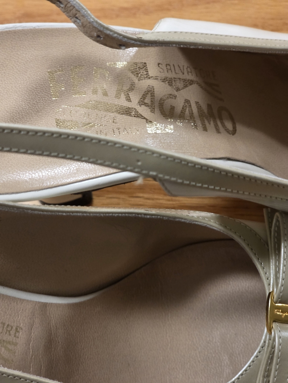 Salvatore Ferragamo Cream and Tan Leather Slingback 2 In a heels - Picture 5 of 5